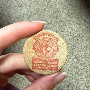 Vintage Wooden Nickel with Red Print